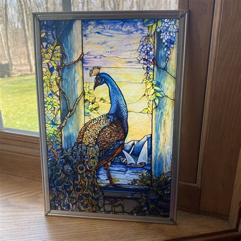 Vintage Louis C Tiffany Peacock Stained Glass Glassmasters Hanging Panel 1990 Ebay