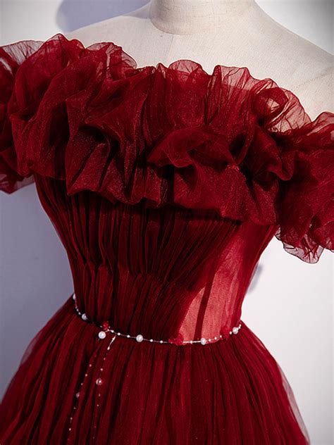 Burgundy Tulle Off Shoulder Long Prom Dress Burgundy Evening Dress