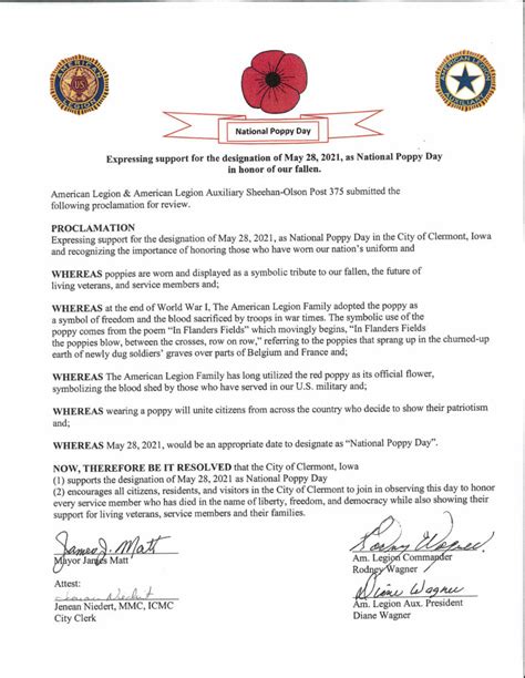 National Poppy Day Proclamation City Of Clermont Iowa