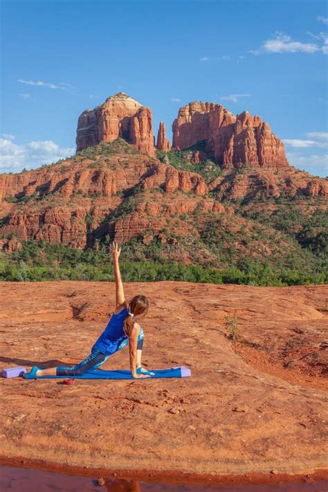 Woman Practicing Yoga At Cathedral Rocks Sedona Arizona Stock Image