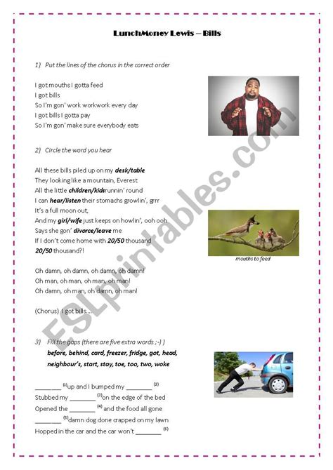 Song: LunchMoney Lewis - Bills - ESL worksheet by colibrita