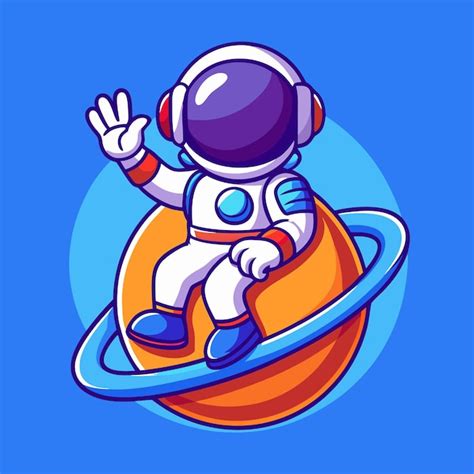 Un Astronauta Lindo Sentado En Un Planeta Y Agitando La Mano Ilustración Aislada De Vector De