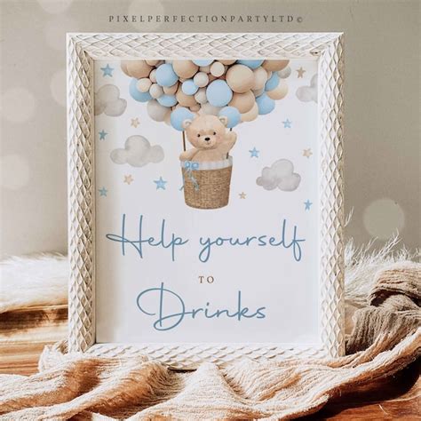 Teddy Bear Hot Air Balloon Shower Help Yourself To Drinks Sign Boy Blue