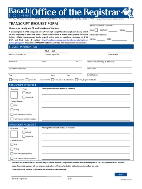 Fillable Online Transcript Request Form Baruch College Fill Out And