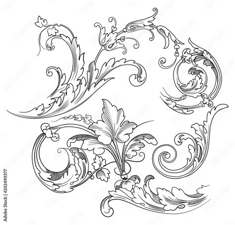 Vector vintage baroque engraving floral scroll filigree design acanthus ...