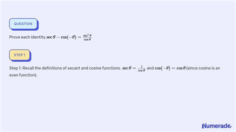 SOLVED Prove each identity secθ cos θ sin 2 θ cosθ