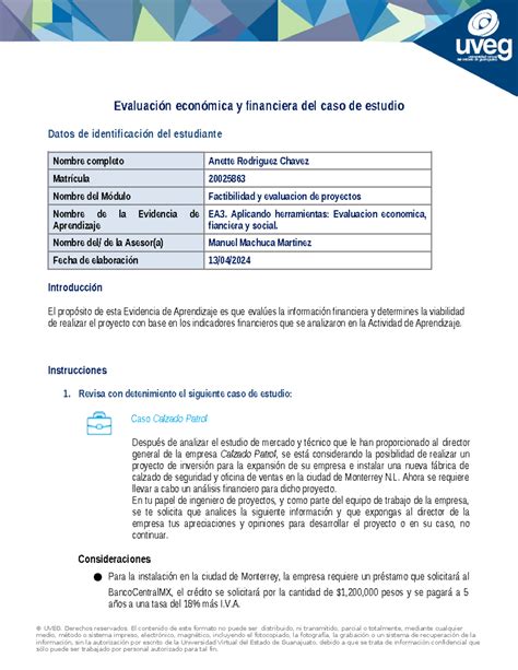 Fep U Aa Ea Formato Caso De Estudio Evaluaci N Economica Y