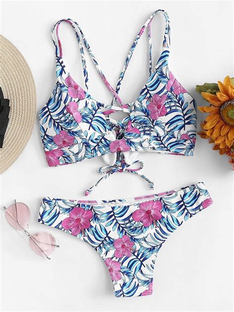 Crisscross Front Floral Bikini Set SheIn Sheinside Trajes de baño