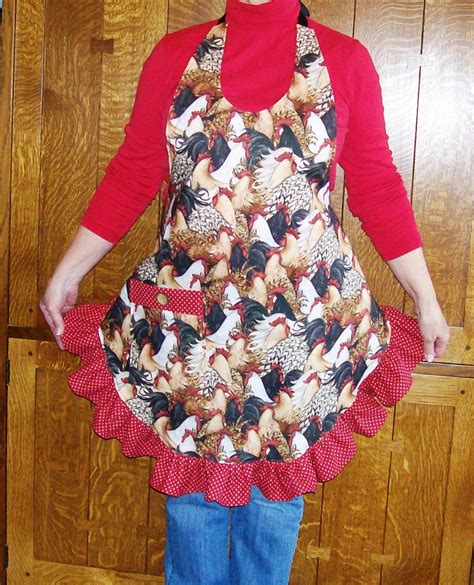 Country Red Rooster Apron Ruffled Retro Rooster Apron One Etsy