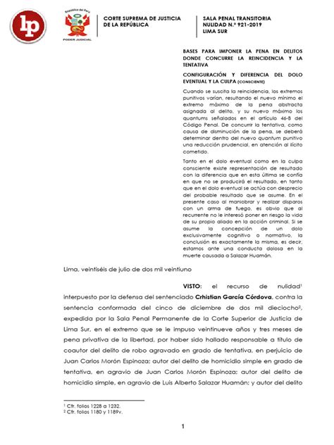 Recurso Nulidad 921 2019 Lima Sur Lpderecho Pdf Intención Derecho