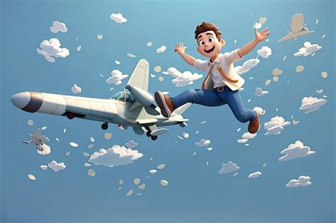 Ilustración 3d hombre volando en el aire como un avión de dibujos