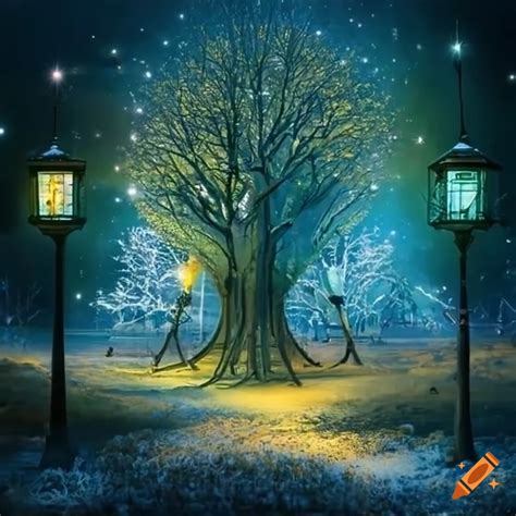 Surrealistic Park With Strange Creatures Surreal Trees Lamp Posts