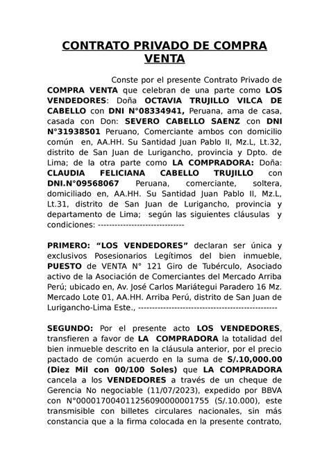 Contrato Privado C V Aa Contrato Privado De Compra Venta Conste Por El Presente Contrato