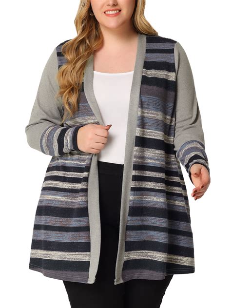 Agnes Orinda Womens Plus Size Long Sleeves Open Front Striped Fall Cardigan 3x Grey