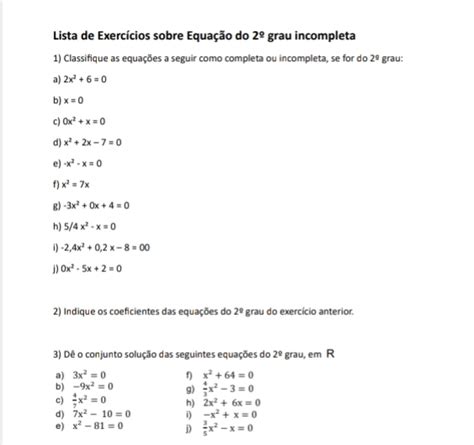 Solved Lista De Exerc Cios Sobre Equa O Do Grau Incompleta