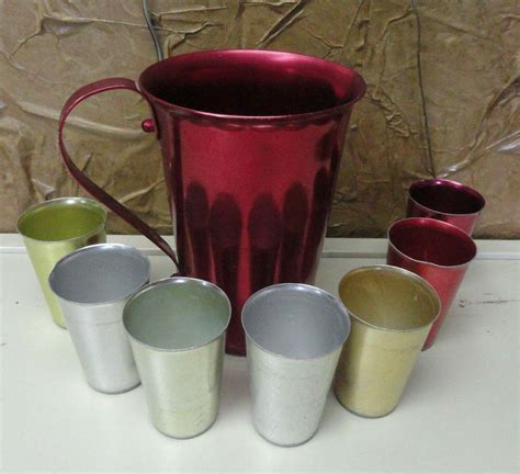 Mid Century Colored Aluminum Pitcher And Juice Glass Set Sunburst Italy 3875398939