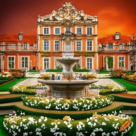 Garden With Fountain And Daisies Surrounded By Elegant Architecture