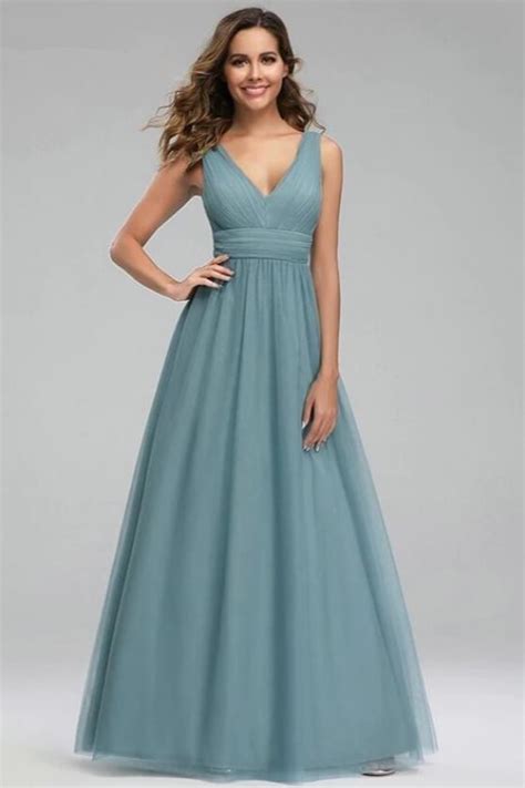 Glamorous Dusty Blue Chiffon V Neck Long Evening Prom Dress