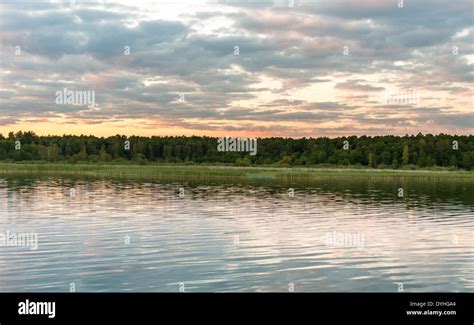 Sunset at wild part of Mikolajskie Lake, Masurian Lake District Stock ...