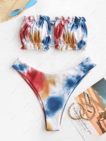 ZAFUL Tie Dye Bandeau Frilled High Cut Bikini Swimwear In BLUE ZAFUL 2024