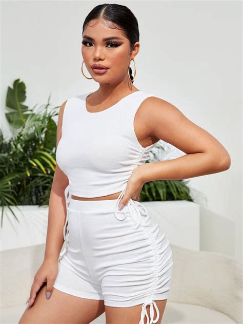 Shein Sxy Drawstring Ruched Crop Top And Shorts Set Crop Top And Shorts Short Sets Top Outfits