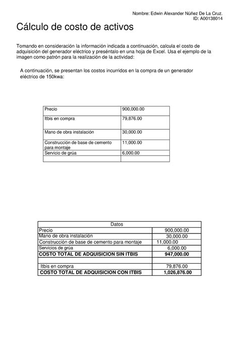 Nuñez Edwin Unidad 4 Actividad 2 Cálculo de costo de activos lOMoAR