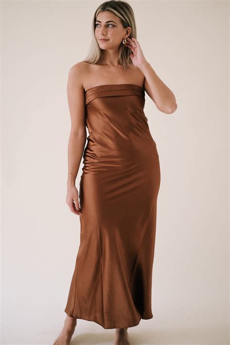 Yasmin Satin Strapless Cowl Drop Back Midi Dress Copper Momni Boutique