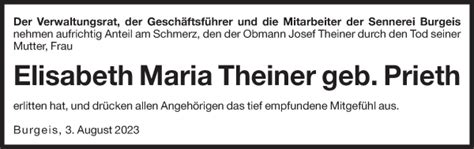 Traueranzeigen Von Elisabeth Maria Theiner Trauer Bz