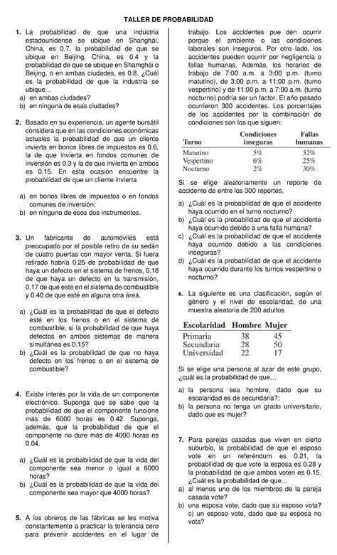 Taller DE Probabilidad 2022 2 TALLER DE PROBABILIDAD 1 La