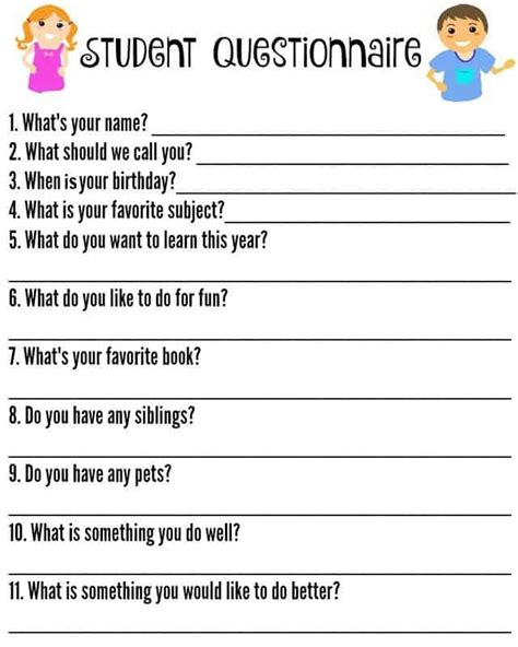 Free Student Questionnaire Printable For Teachers