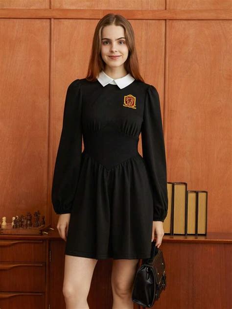 HARRY POTTER X SHEIN Letter Patched Contrast Collar Lantern Sleeve