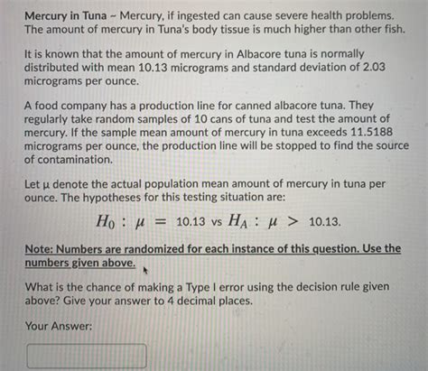 Solved Mercury in Tuna - Mercury, if ingested can cause | Chegg.com