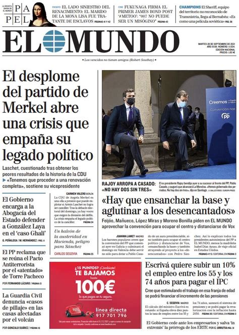 Cover Of EL MUNDO For Tuesday September 28 2021 Teller Report