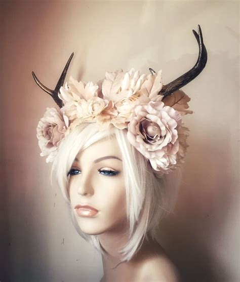 Cream Autumn Stag Headdress Leaf Nature Fantasy Crown Cosplay