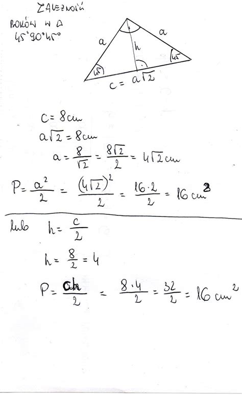 OBLICZ POLE TRÓJKĄTA RÓWNORAMIENNEGO O KĄCIE OSTRYM 45 STOPNI I O