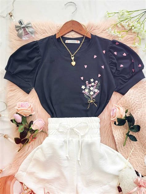 T Shirt Blusa Feminina De Luxo Bordada Manga Princesa Cora O Preto A