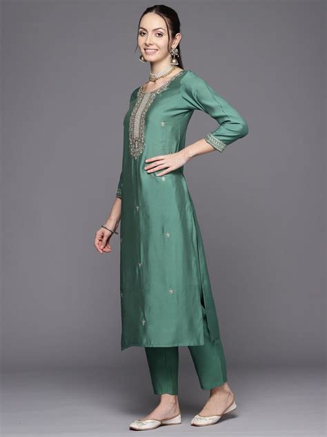 Poly Silk Indo Era Green Embroidered Straight Kurta Trousers With