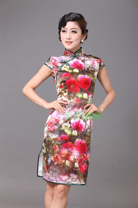 Magnificent Peony Flowers Silk Cheongsam Qipao Cheongsam Dresses