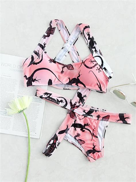 Lizard Print Cross Back Bikini Set SheIn Sheinside