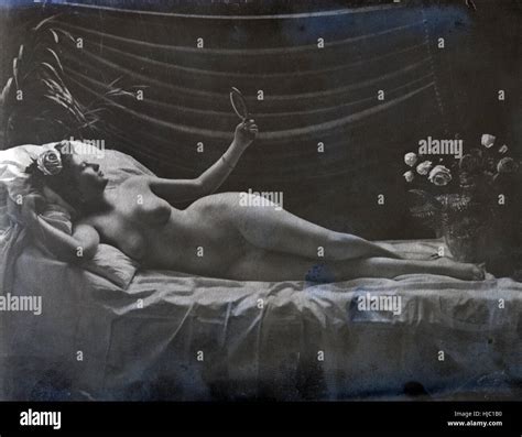 Antique C Photograph Nude Woman Reclined With Hand Mirror Stock Photo Alamy