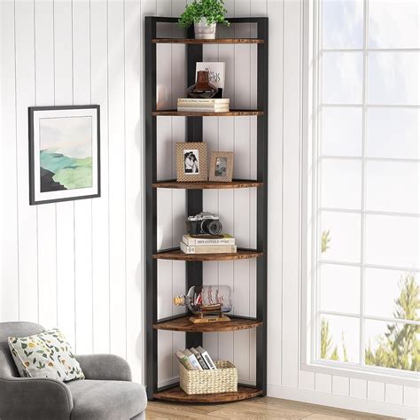 5 Tier Corner Shelves, Rustic Industrial Corner Bookshelf Bookcase ...