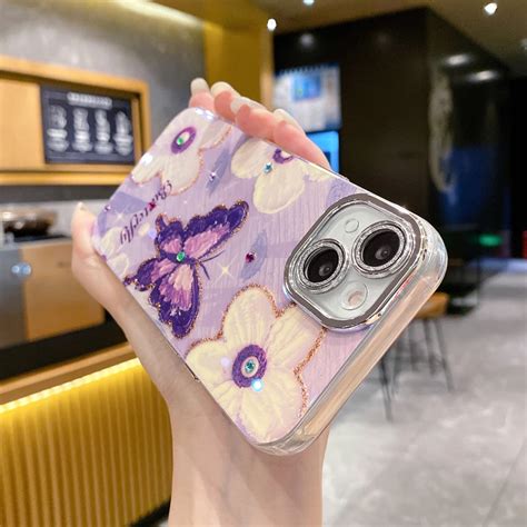 Cute Purple Butterfly Phone Case With Camera Protection For Iphone 15 Pro Buy Flower