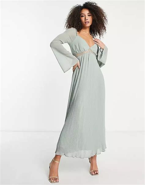 Asos Design Pleated Maxi Dress With Lace Insert Waist And Fluted Sleeves In Sage Asos