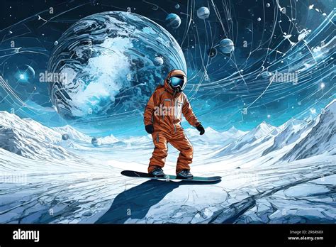 Vector Art Of Astronomy In A Planet With Snow And Playing With Snowboard Space And Planes In