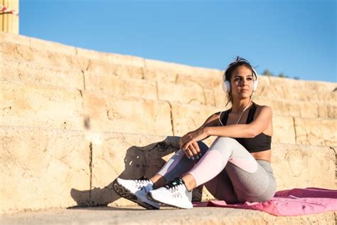 Premium Photo Sports Woman Outdoor In A Stairs Resting After Doing