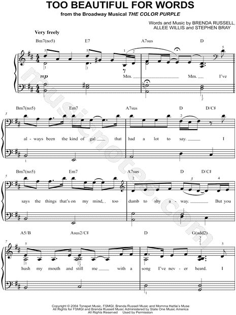 Too Beautiful For Words From The Color Purple [musical] Sheet Music