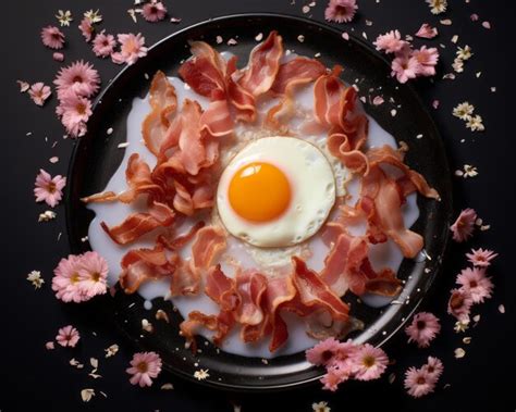 Un Huevo Y Tocino En Un Plato Rodeado De Flores Rosas Vector Premium