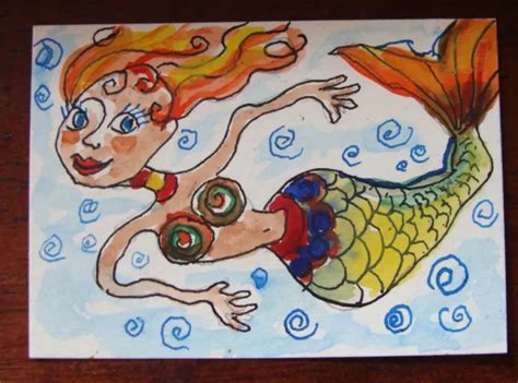 Aceo Mermaid Watercolor Painting Folk Art Original I Sea You Tarrantts