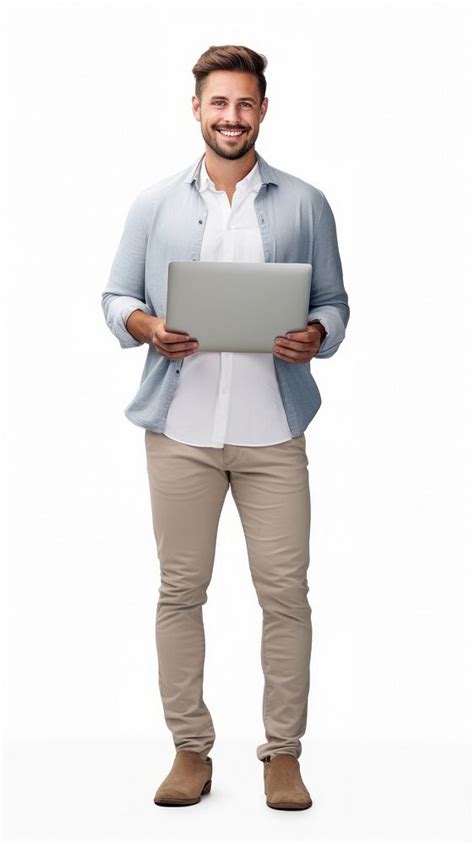 Man Standing Laptop Computer Shirt Premium Photo Rawpixel