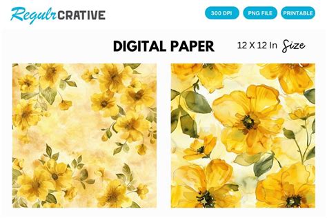 Watercolor Yellow Floral Digital Paper Floral Background